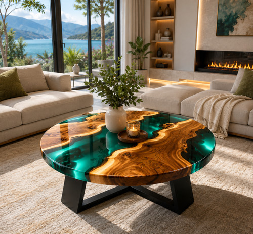 Round epoxy resin river coffee - round,
